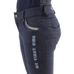 Premier Equine Sabrina Kids Full Seat Gel Riding Breeches -Equestrian Supply Store SS20 Sabrina Kids Full Seat Gel Riding Breeches Denim Close Up Printed Gel L